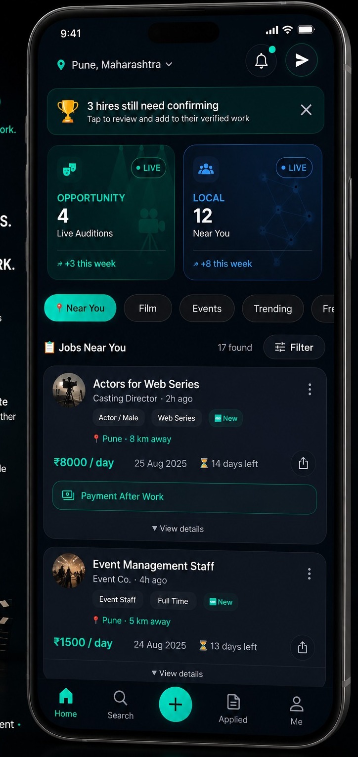 ZYNCO home feed showing local jobs and auditions